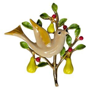 Vintage ART Arthur Pepper Enamel Partridge in Pear Tree Designer Brooch Holiday